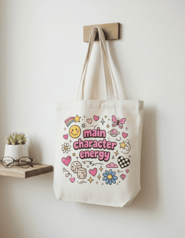 Main character energy tote bag aesthetic design, canvas shoulder tote for girls college travel everyday use