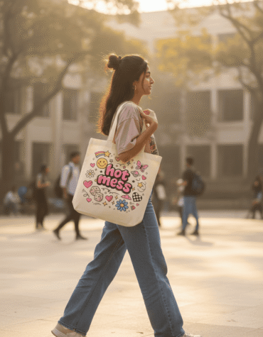 young college girl carrying hot mess tote bag on shoulder, casual outfit Gen-Z aesthetic fashion