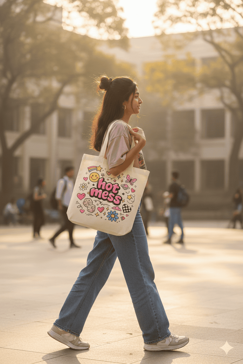 young college girl carrying hot mess tote bag on shoulder, casual outfit Gen-Z aesthetic fashion