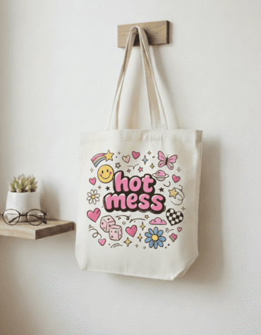 hot mess aesthetic tote bag for women, canvas shoulder carry, Gen-Z trendy college travel style