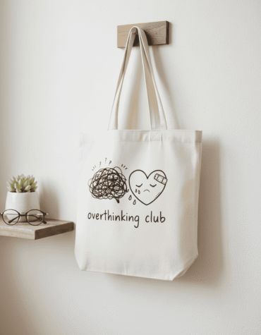 Overthinking Club white canvas tote bag made of eco friendly cotton
